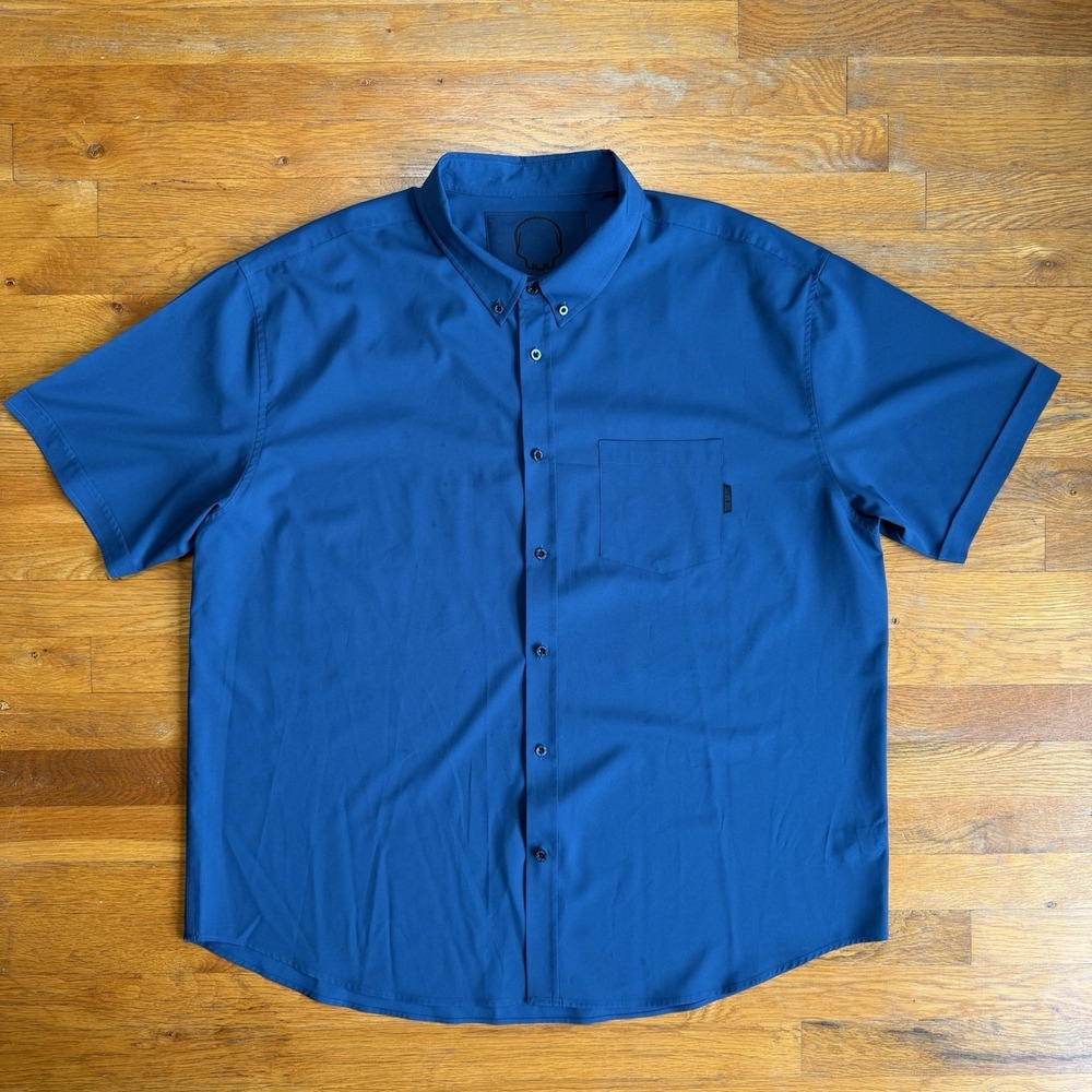 The Drive Clothing Mens Size 2XL Short Button Down Shirt Blue Stretch Skull